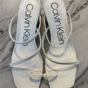 Calvin Klein White Croc-Embossed Strappy Square-Toe Heeled Sandals
